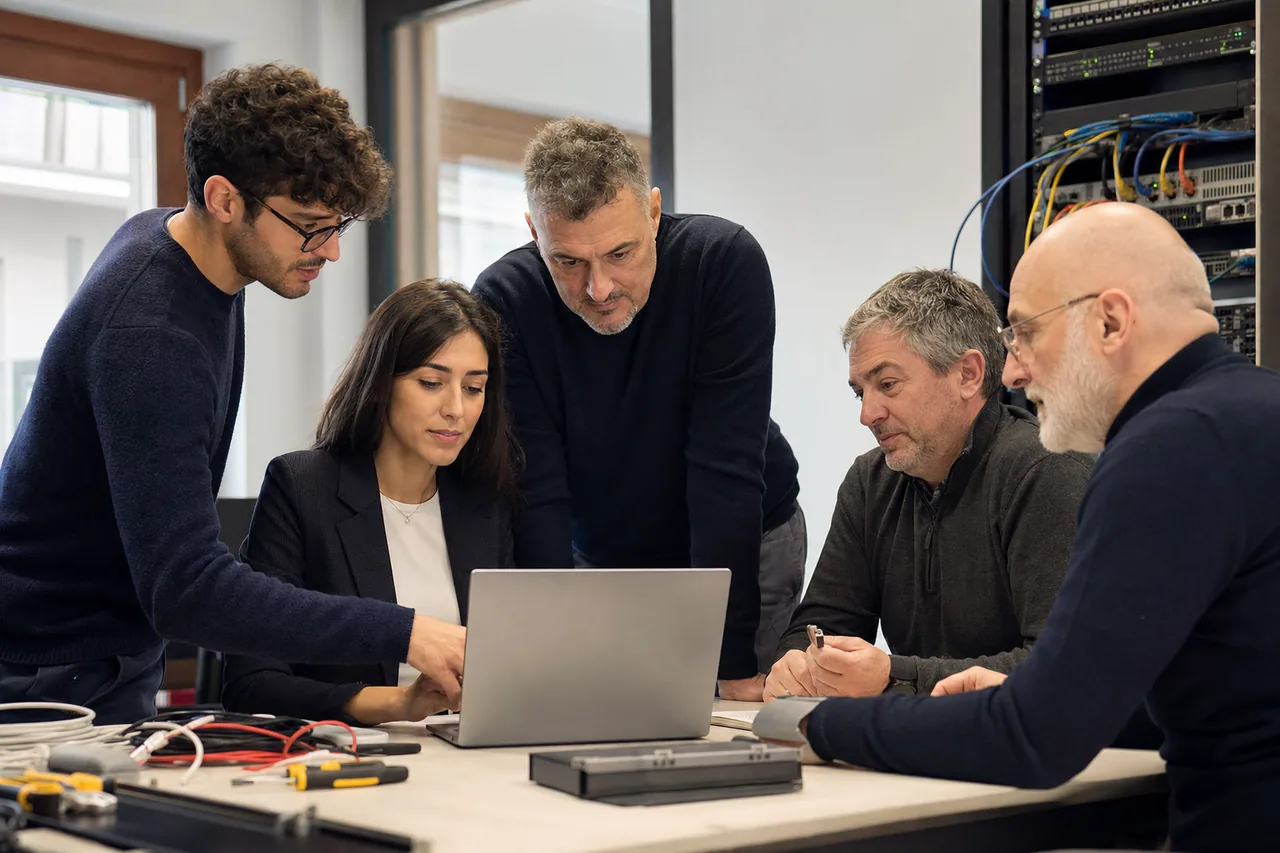 Un team tecnico esamina un progetto al computer accanto a strumenti e cavi di rete