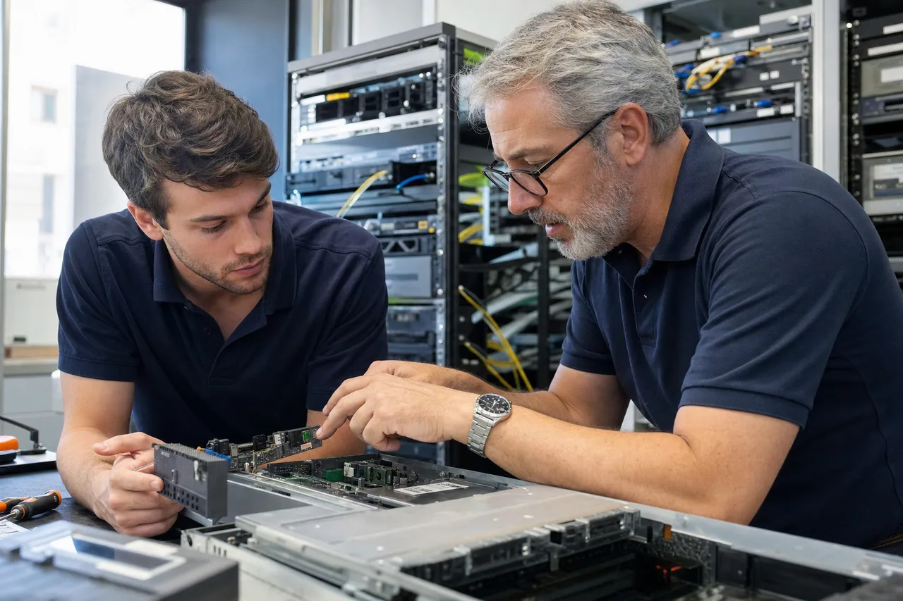 Due tecnici esaminano i componenti interni di un server