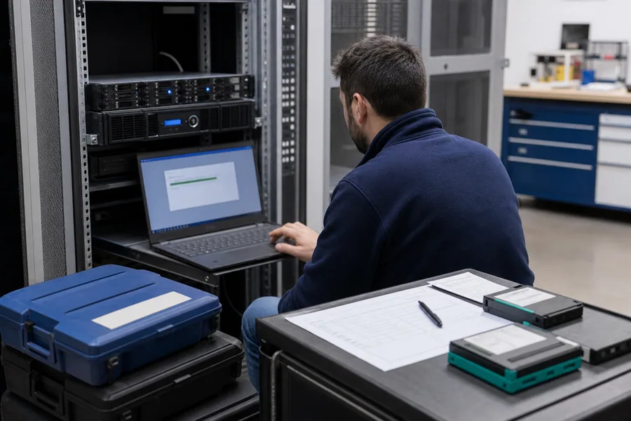 Un tecnico controlla un'operazione di backup su un server