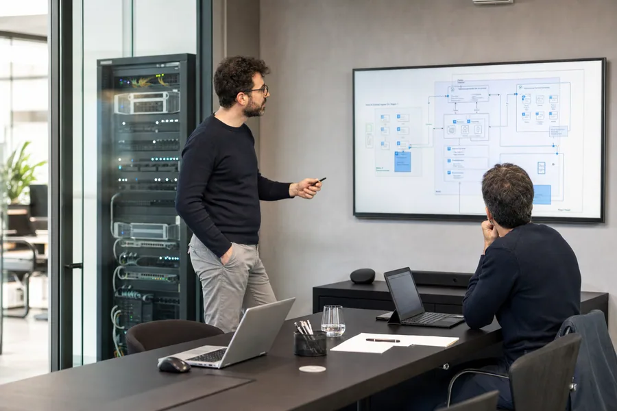 Due consulenti esaminano lo schema di un'architettura cloud