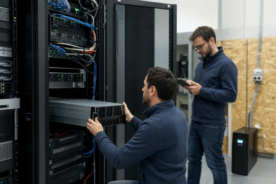 Due tecnici installano un server in un armadio rack