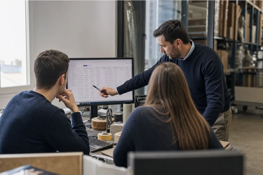Tre colleghi analizzano dati gestionali su un monitor