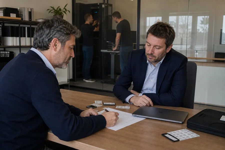 Un consulente e un responsabile pianificano attività IT in ufficio