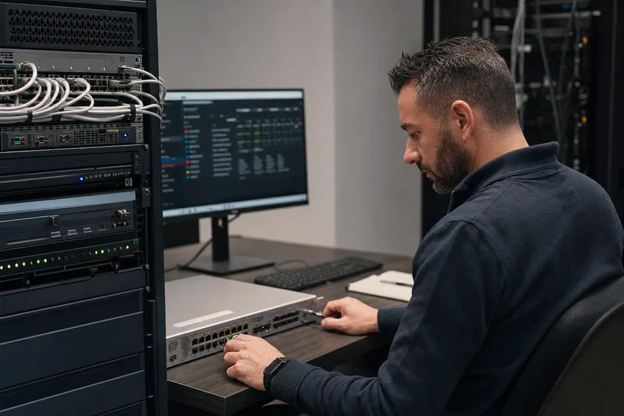 Un tecnico configura un apparato di rete davanti alla console di monitoraggio