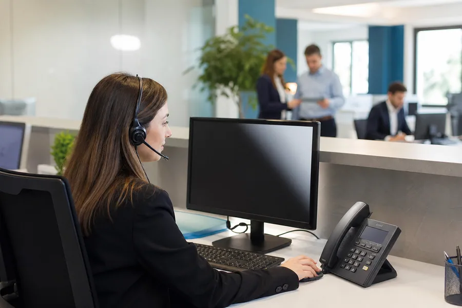 Un'operatrice usa cuffie e telefono IP alla propria postazione